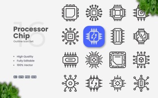 16 Processor Chip Outline Icon Set
