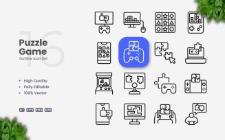 16 Puzzle Game Outline Icon Set