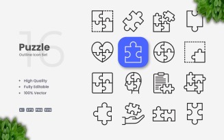 16 Puzzle Outline Icon Set