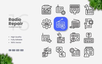 16 Radio Repair Outline Icon Set
