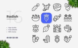 16 Radish Outline Icon Set