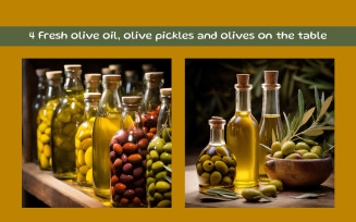 Fresh olive oil, olive pickles and olives on the table