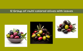 Group of multi colored olives with leaves