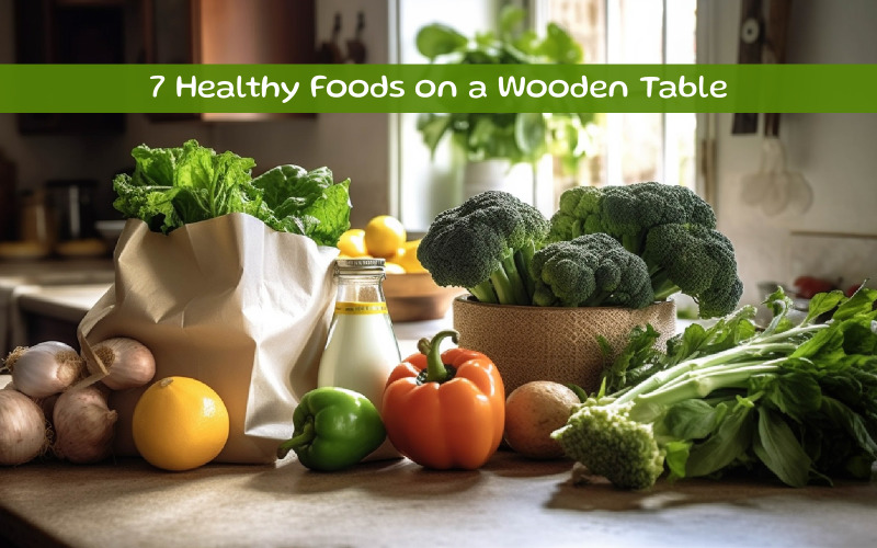 Healthy Foods on a Wooden Table Illustration