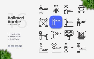 16 Railroad Barrier Outline Icon Set