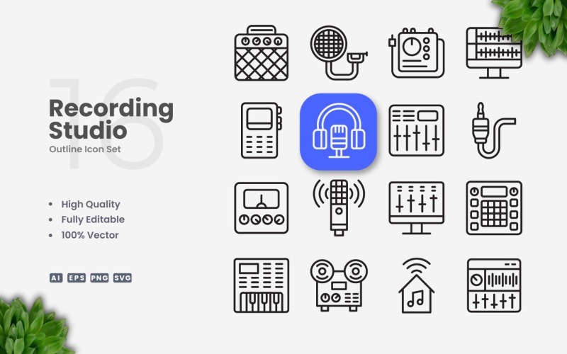 16 Recording Studio Outline Icon Set