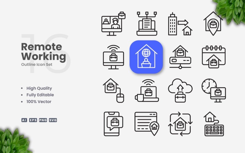 16 Remote Working Outline Icon Set