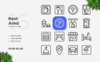 16 Rest Area Outline Icon Set