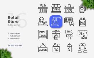16 Retail Store Outline Icon Set
