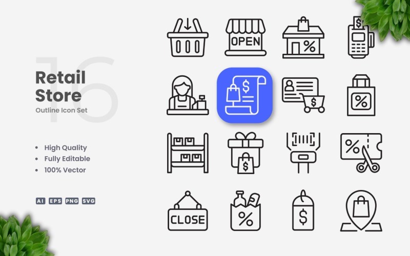 16 Retail Store Outline Icon Set