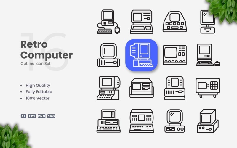 16 Retro Computer Outline Icon Set