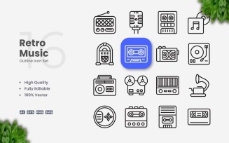 16 Retro Music Outline Icon Set