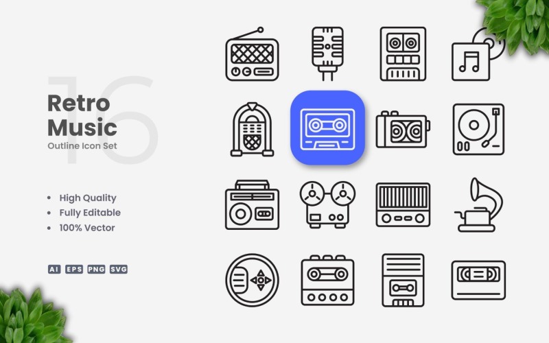 16 Retro Music Outline Icon Set
