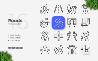 16 Roads Outline Icon Set