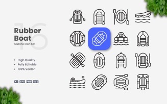 16 Rubber Boat Outline Icon Set