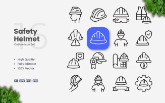 16 Safety Helmet Outline Icon Set