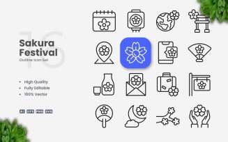16 Sakura Festival Outline Icon Set