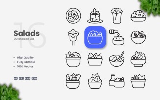 16 Salads Outline Icon Set