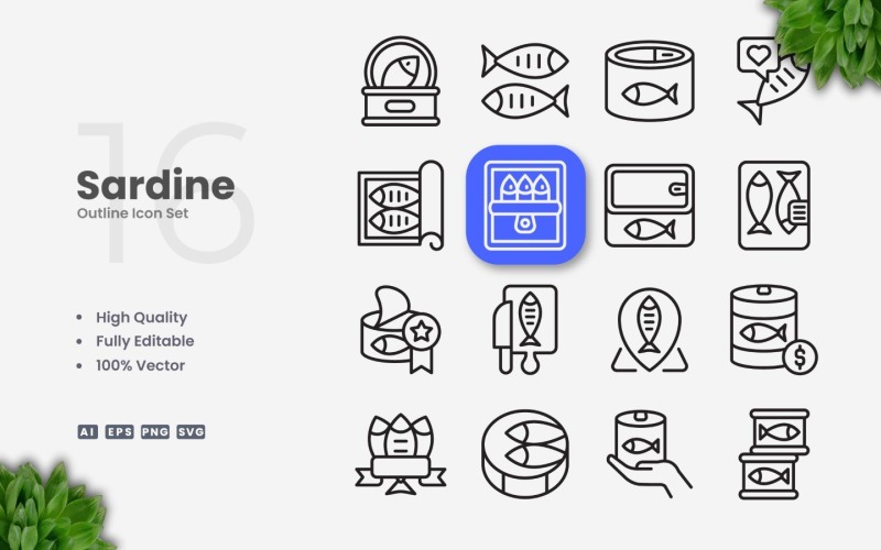 16 Sardine Outline Icon Set