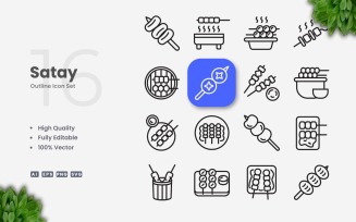 16 Satay Outline Icon Set