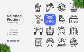 16 Science Fiction Outline Icon Set