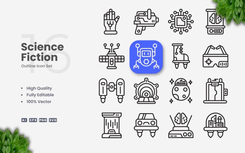 16 Science Fiction Outline Icon Set