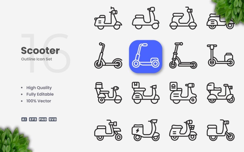16 Scooter Outline Icon Set