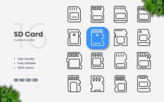 16 SD card Outline Icon Set