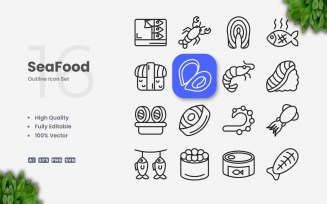 16 Seafood Outline Icon Set