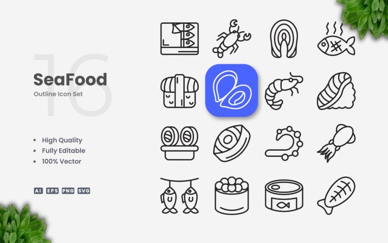 16 Seafood Outline Icon Set