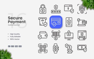 16 Secure Payment Outline Icon Set