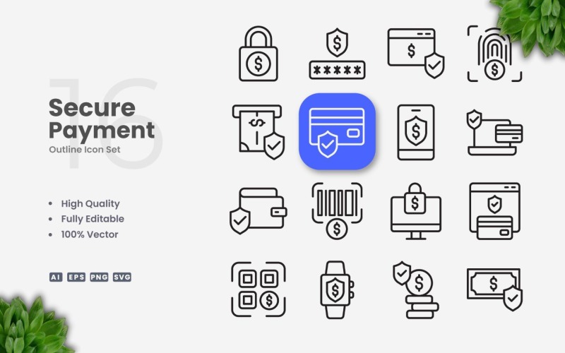 16 Secure Payment Outline Icon Set