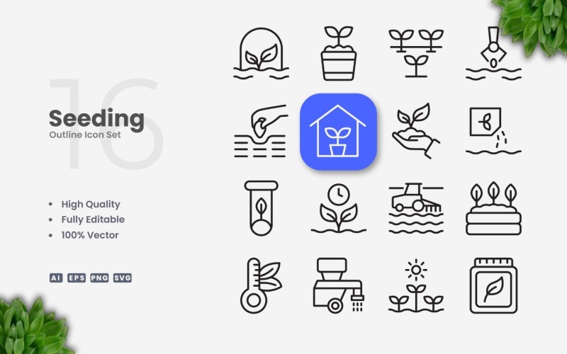 16 Seeding Outline Icon Set