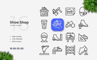 16 Shoe Shop Outline Icon Set