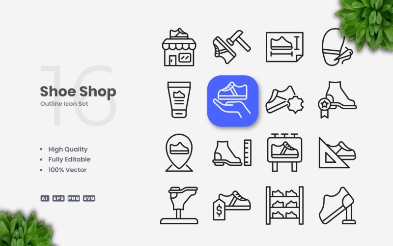 16 Shoe Shop Outline Icon Set