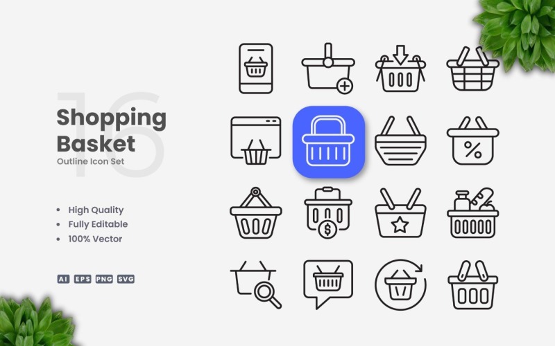 16 Shopping Basket Outline Icon Set