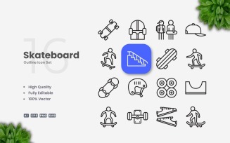16 Skateboard Outline Icon Set