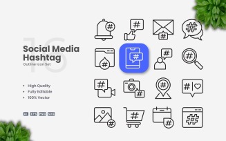 16 Social Media Hashtag Outline Icon Set
