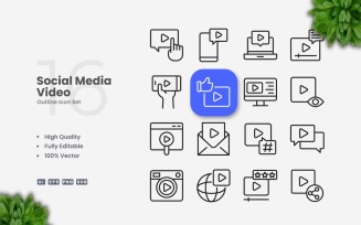16 Social Media Video Outline Icon Set