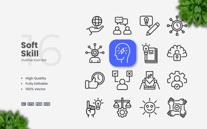 16 Soft Skills Outline Icon Set