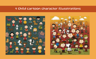 Child and animals cartoon character illustrations