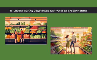 Couple buying vegetables and fruits at grocery store