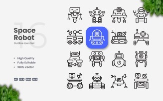 16 Space Robot Outline Icon Set