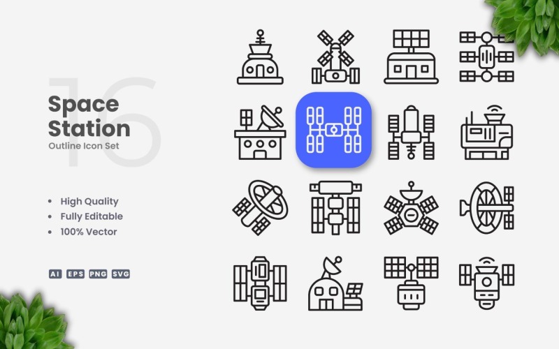 16 Space Station Outline Icon Set