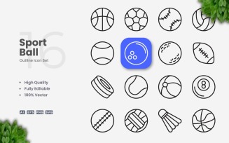 16 Sports ball Outline Icon Set