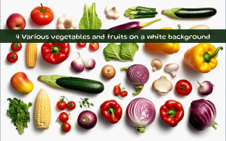 Various vegetables and fruits on a white background