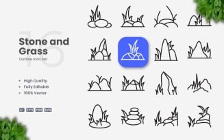 16 Stone and Grass Outline Icon Set