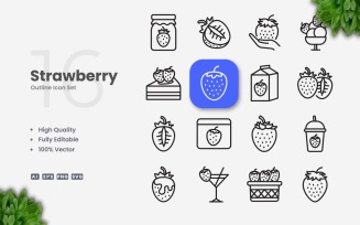 16 Strawberry Outline Icon Set