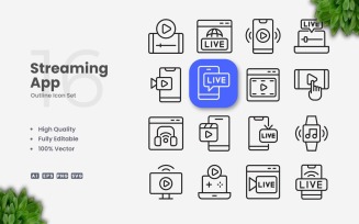 16 Streaming App Outline Icon Set