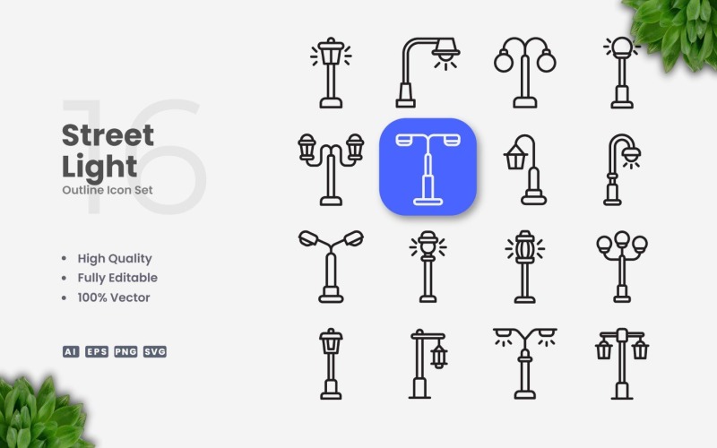 16 Street Light Outline Icon Set